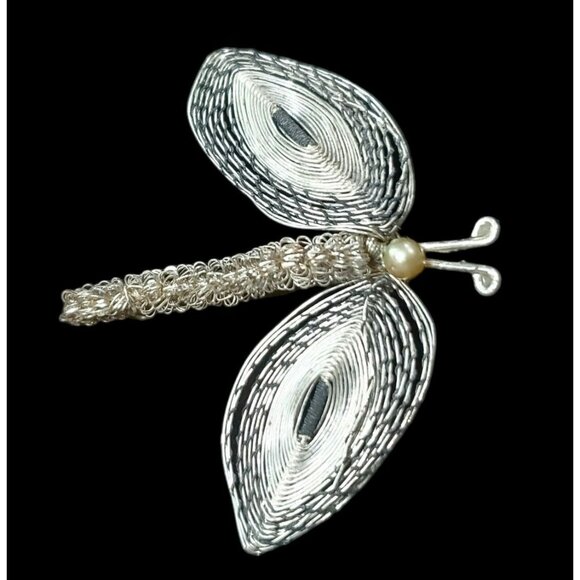 VTG Spun Butterfly Brooch Pin Silver Tone Woven Wire Dragon Fly Moth Faux Pearl - Picture 1 of 6